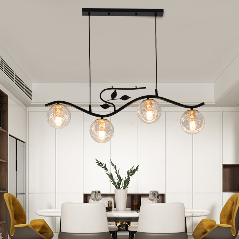 Metal Wavy Island Pendant Minimalist 4-Light Black Hanging Lamp with Ball Glass Shade and Bird Deco Clearhalo 'Ceiling Lights' 'Island Lights' Lighting' 2408800