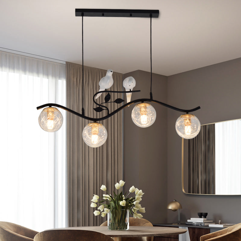 Metal Wavy Island Pendant Minimalist 4-Light Black Hanging Lamp with Ball Glass Shade and Bird Deco Clearhalo 'Ceiling Lights' 'Island Lights' Lighting' 2408801