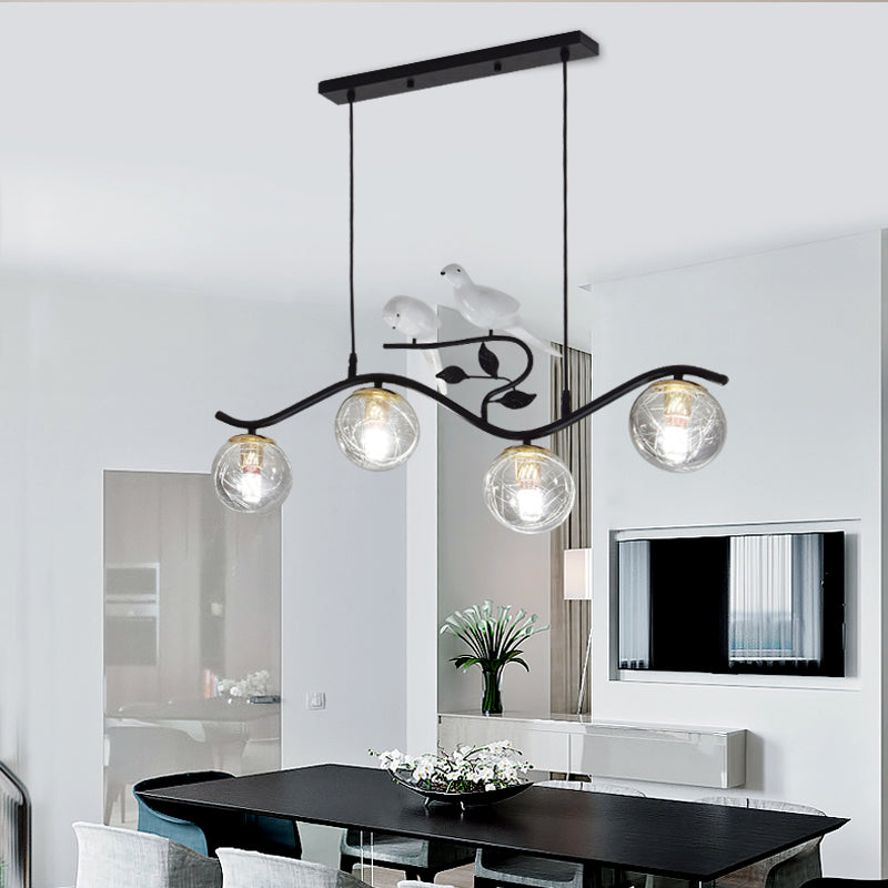 Metal Wavy Island Pendant Minimalist 4-Light Black Hanging Lamp with Ball Glass Shade and Bird Deco Clearhalo 'Ceiling Lights' 'Island Lights' Lighting' 2408802