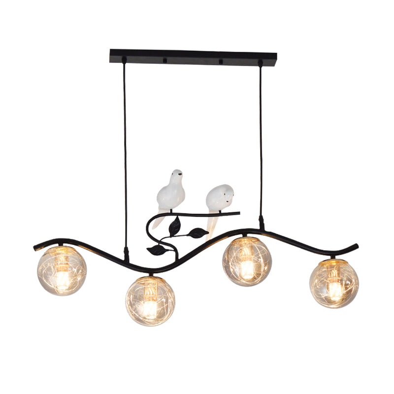 Metal Wavy Island Pendant Minimalist 4-Light Black Hanging Lamp with Ball Glass Shade and Bird Deco Clearhalo 'Ceiling Lights' 'Island Lights' Lighting' 2408803