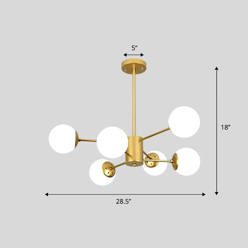 Frosted White Glass Ball Chandelier Postmodern Style Suspension Light with Burst Design 6 Gold Clearhalo 'Ceiling Lights' 'Chandeliers' 'Modern Chandeliers' 'Modern' Lighting' 2408824