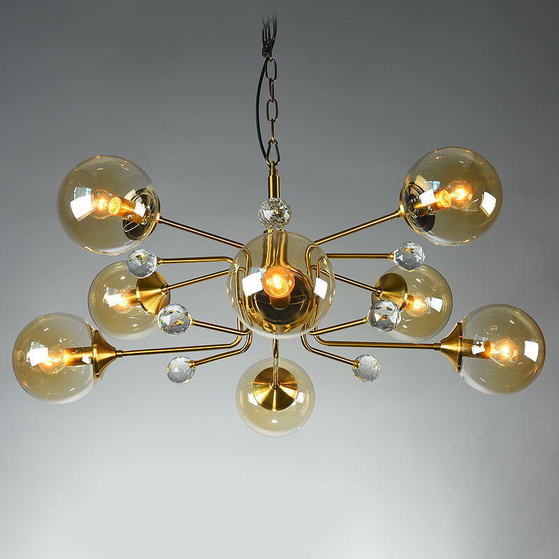 Postmodern Sputnik Ceiling Light Closed Glass Bedroom Hanging Chandelier in Brass 8 Amber Clearhalo 'Ceiling Lights' 'Chandeliers' 'Modern Chandeliers' 'Modern' Lighting' 2408851