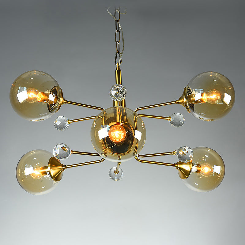 Postmodern Sputnik Ceiling Light Closed Glass Bedroom Hanging Chandelier in Brass 6 Amber Clearhalo 'Ceiling Lights' 'Chandeliers' 'Modern Chandeliers' 'Modern' Lighting' 2408853