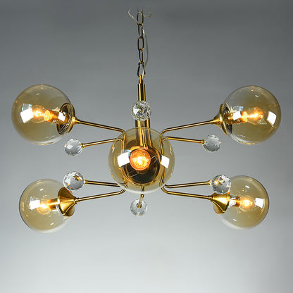Postmodern Sputnik Ceiling Light Closed Glass Bedroom Hanging Chandelier in Brass 6 Amber Clearhalo 'Ceiling Lights' 'Chandeliers' 'Modern Chandeliers' 'Modern' Lighting' 2408853