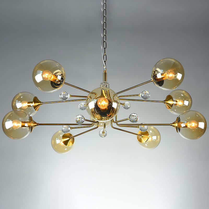 Postmodern Sputnik Ceiling Light Closed Glass Bedroom Hanging Chandelier in Brass 10 Amber Clearhalo 'Ceiling Lights' 'Chandeliers' 'Modern Chandeliers' 'Modern' Lighting' 2408855