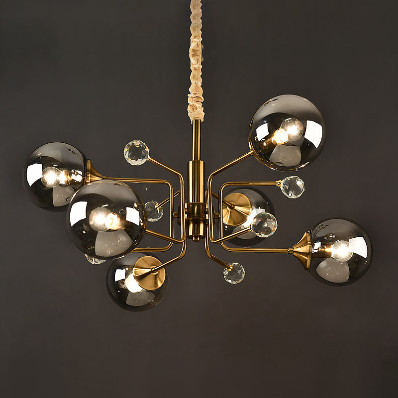 Postmodern Sputnik Ceiling Light Closed Glass Bedroom Hanging Chandelier in Brass 6 Smoke Gray Clearhalo 'Ceiling Lights' 'Chandeliers' 'Modern Chandeliers' 'Modern' Lighting' 2408857