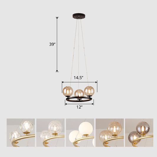 Circular Metal Pendant Chandelier Postmodern Suspension Light Fixture with Ball Glass Shade 3 Black Clearhalo 'Ceiling Lights' 'Chandeliers' 'Modern Chandeliers' 'Modern' Lighting' 2408860