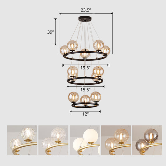 Circular Metal Pendant Chandelier Postmodern Suspension Light Fixture with Ball Glass Shade 12 Black Clearhalo 'Ceiling Lights' 'Chandeliers' 'Modern Chandeliers' 'Modern' Lighting' 2408872