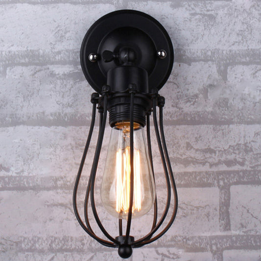 Bulb Shaped Cage Iron Wall Lamp Industrial Bedroom Adjustable Reading Wall Light in Black 1.0 Black Clearhalo 'Art deco wall lights' 'Cast Iron' 'Glass' 'Industrial wall lights' 'Industrial' 'Middle century wall lights' 'Modern' 'Rustic wall lights' 'Tiffany' 'Traditional wall lights' 'Wall Lamps & Sconces' 'Wall Lights' Lighting' 2409062