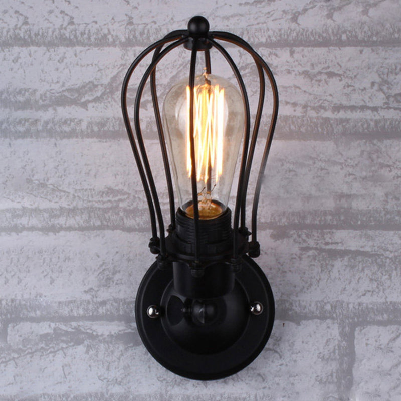 Bulb Shaped Cage Iron Wall Lamp Industrial Bedroom Adjustable Reading Wall Light in Black Clearhalo 'Art deco wall lights' 'Cast Iron' 'Glass' 'Industrial wall lights' 'Industrial' 'Middle century wall lights' 'Modern' 'Rustic wall lights' 'Tiffany' 'Traditional wall lights' 'Wall Lamps & Sconces' 'Wall Lights' Lighting' 2409063