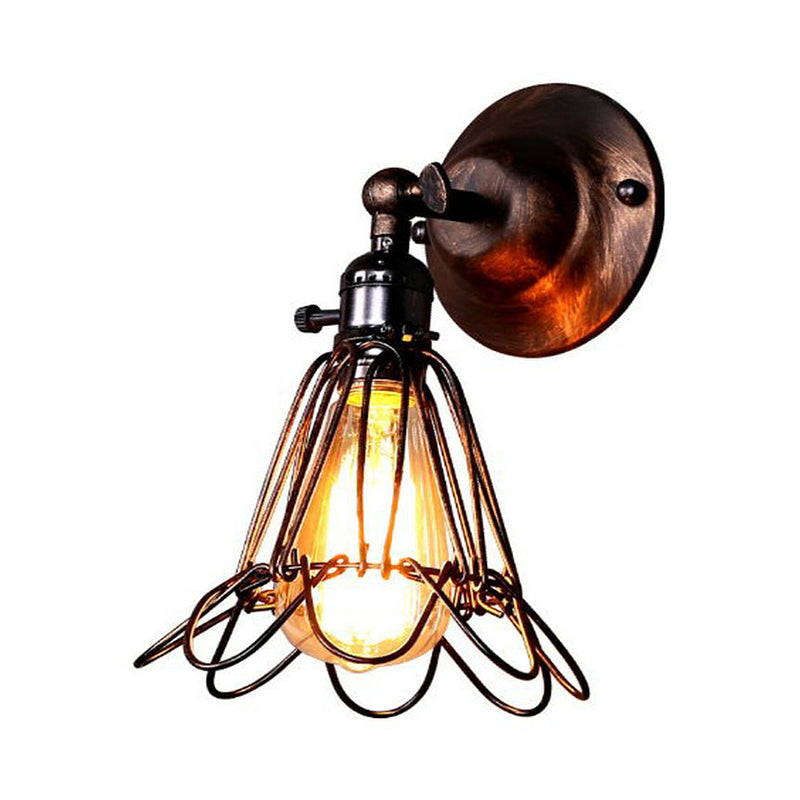 Rotatable Bronze 1-Light Sconce Lamp Industrial Iron Cage Style Floral Wall Mount Light for Bar Clearhalo 'Art deco wall lights' 'Cast Iron' 'Glass' 'Industrial wall lights' 'Industrial' 'Middle century wall lights' 'Modern' 'Rustic wall lights' 'Tiffany' 'Traditional wall lights' 'Wall Lamps & Sconces' 'Wall Lights' Lighting' 2409069