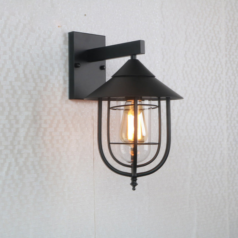 Half-Capsule Cage Aisle Wall Light Rustic Metal Single Black Wall Mounted Lamp with Conical Top Clearhalo 'Art deco wall lights' 'Cast Iron' 'Glass' 'Industrial wall lights' 'Industrial' 'Middle century wall lights' 'Modern' 'Rustic wall lights' 'Tiffany' 'Traditional wall lights' 'Wall Lamps & Sconces' 'Wall Lights' Lighting' 2409073