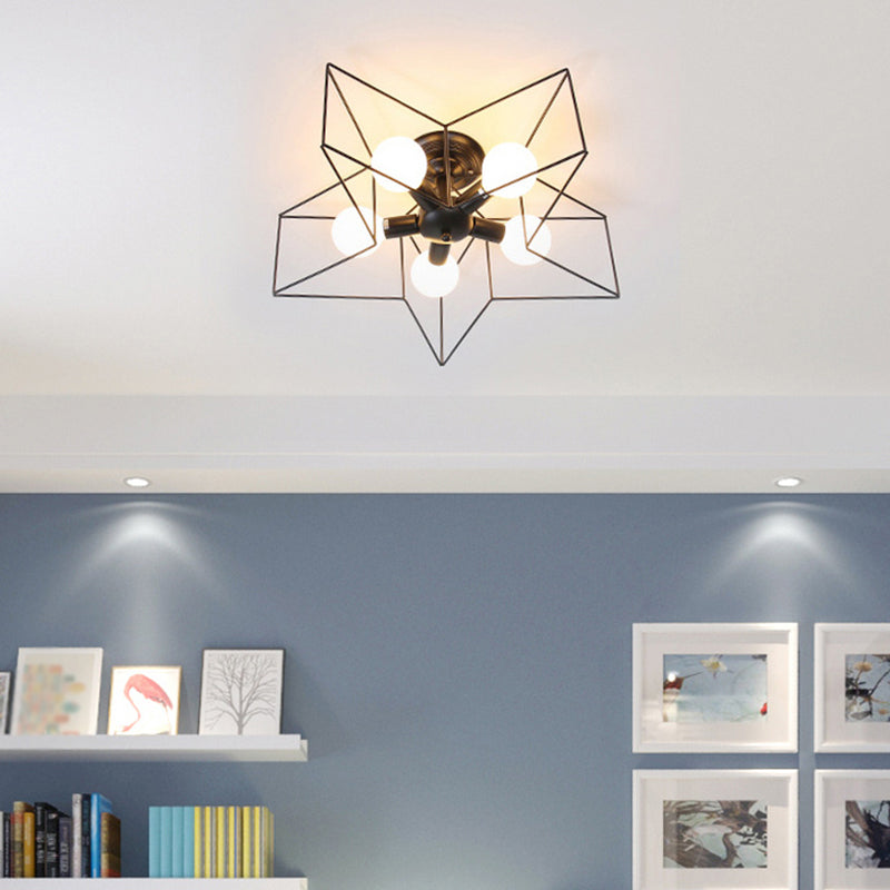Black Caged Semi Flush Ceiling Light Industrial Iron 1-Light Corridor Flush Mount Light Black Starfish Clearhalo 'Ceiling Lights' 'Close To Ceiling Lights' 'Close to ceiling' 'Semi-flushmount' Lighting' 2409079
