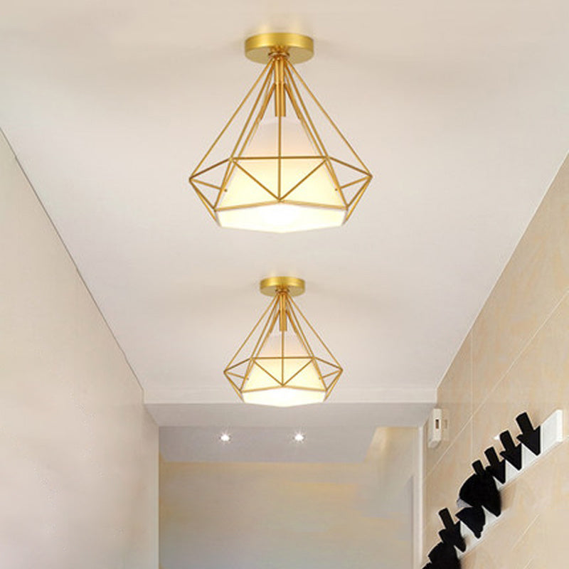 Single-Bulb Diamond Ceiling Lamp Vintage Metal Semi Mount Lighting with Fabric Shade Inside Clearhalo 'Ceiling Lights' 'Close To Ceiling Lights' 'Close to ceiling' 'Semi-flushmount' Lighting' 2409092