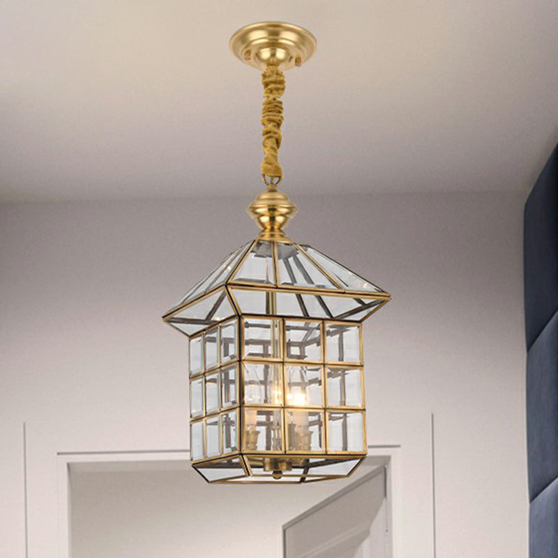 House Shaped Corridor Pendant Lamp Vintage Glass 1 Bulb Brass Hanging Light Fixture Brass 10" Clear Glass Clearhalo 'Ceiling Lights' 'Pendant Lights' 'Pendants' Lighting' options 2409181_97b4ed7e-5cc1-4c84-a34a-871005a2a6dc