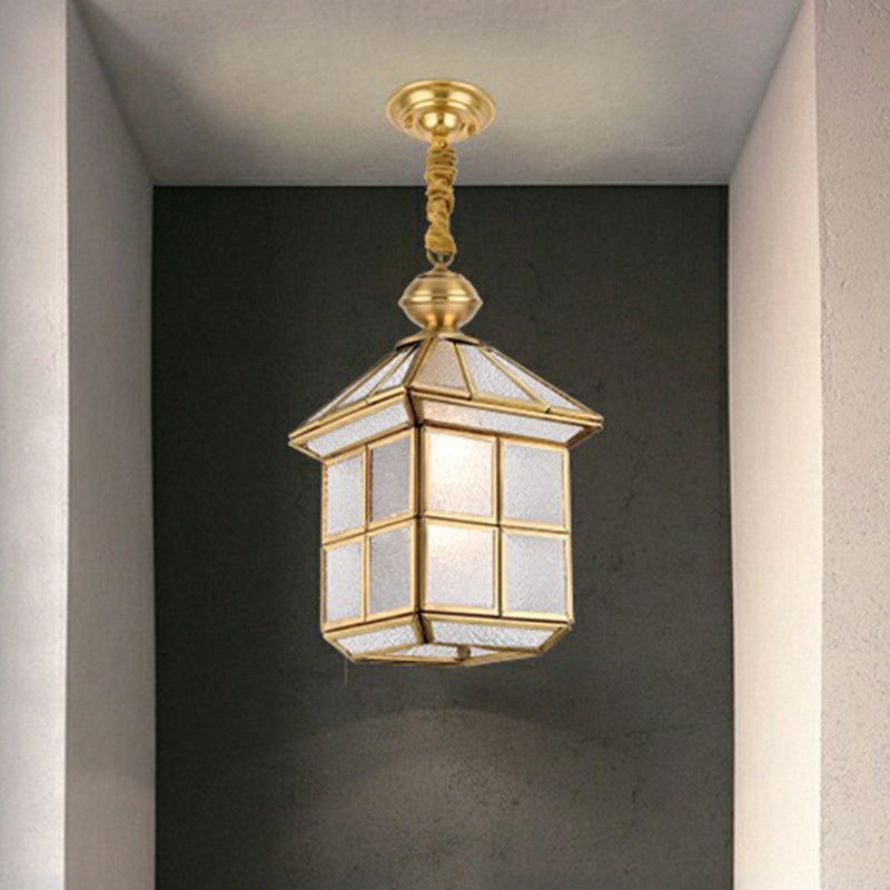 House Shaped Corridor Pendant Lamp Vintage Glass 1 Bulb Brass Hanging Light Fixture Brass 6" Prismatic Glass Clearhalo 'Ceiling Lights' 'Pendant Lights' 'Pendants' Lighting' options 2409182_5cef16ab-8ddb-433f-a68a-3e961ef93675