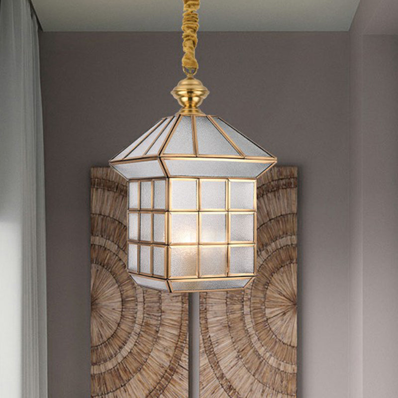 House Shaped Corridor Pendant Lamp Vintage Glass 1 Bulb Brass Hanging Light Fixture Brass 10" Prismatic Glass Clearhalo 'Ceiling Lights' 'Pendant Lights' 'Pendants' Lighting' options 2409185_6a6bc318-c93f-4988-a894-9f9162d14ba1
