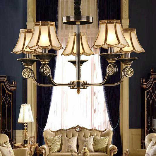 Gold and Black Flared Chandelier Traditional Frosted Glass Bedroom Suspension Light Fixture Clearhalo 'Ceiling Lights' 'Chandeliers' Lighting' options 2409199