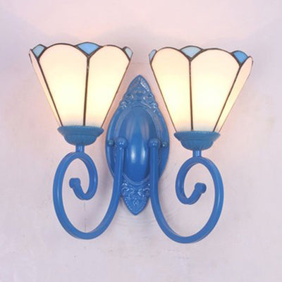 Stained Glass White/Blue Cone Sconce Lighting Modernism 2 Lights Wall Light Fixture in Blue Finish White Clearhalo 'Industrial' 'Middle century wall lights' 'Tiffany wall lights' 'Tiffany' 'Wall Lamps & Sconces' 'Wall Lights' Lighting' 24091