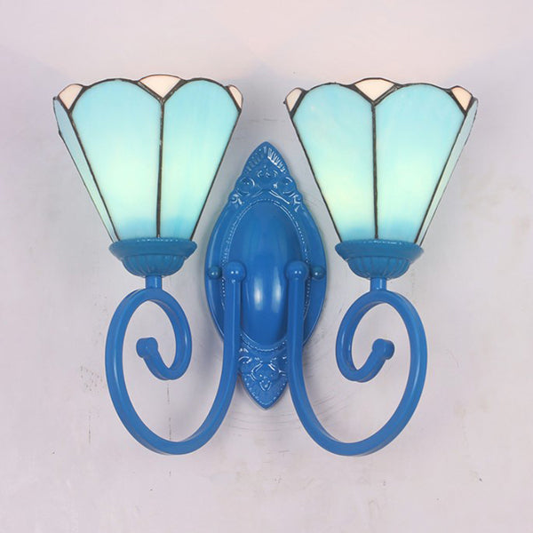 Stained Glass White/Blue Cone Sconce Lighting Modernism 2 Lights Wall Light Fixture in Blue Finish Blue Clearhalo 'Industrial' 'Middle century wall lights' 'Tiffany wall lights' 'Tiffany' 'Wall Lamps & Sconces' 'Wall Lights' Lighting' 24092