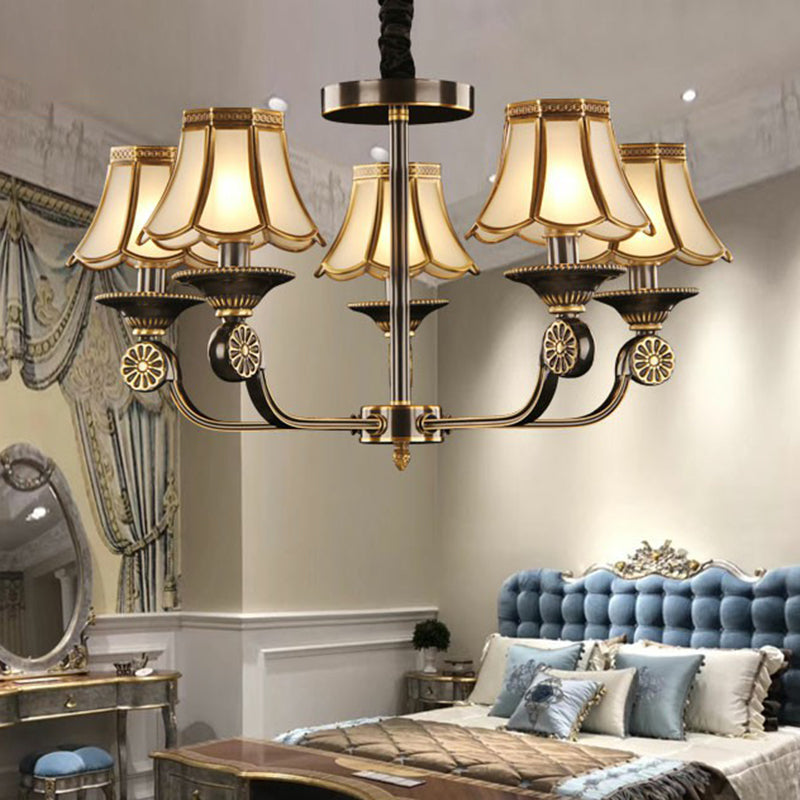 Gold and Black Flared Chandelier Traditional Frosted Glass Bedroom Suspension Light Fixture Clearhalo 'Ceiling Lights' 'Chandeliers' Lighting' options 2409201