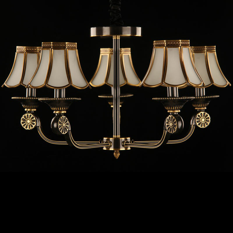 Gold and Black Flared Chandelier Traditional Frosted Glass Bedroom Suspension Light Fixture 5 Gold-Black Clearhalo 'Ceiling Lights' 'Chandeliers' Lighting' options 2409202_20b92d0d-9380-4fb1-87e0-e25bfe67e3af