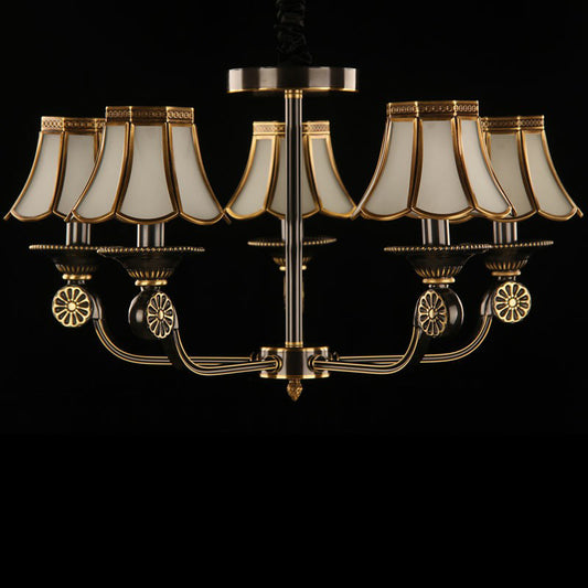 Gold and Black Flared Chandelier Traditional Frosted Glass Bedroom Suspension Light Fixture Clearhalo 'Ceiling Lights' 'Chandeliers' Lighting' options 2409202