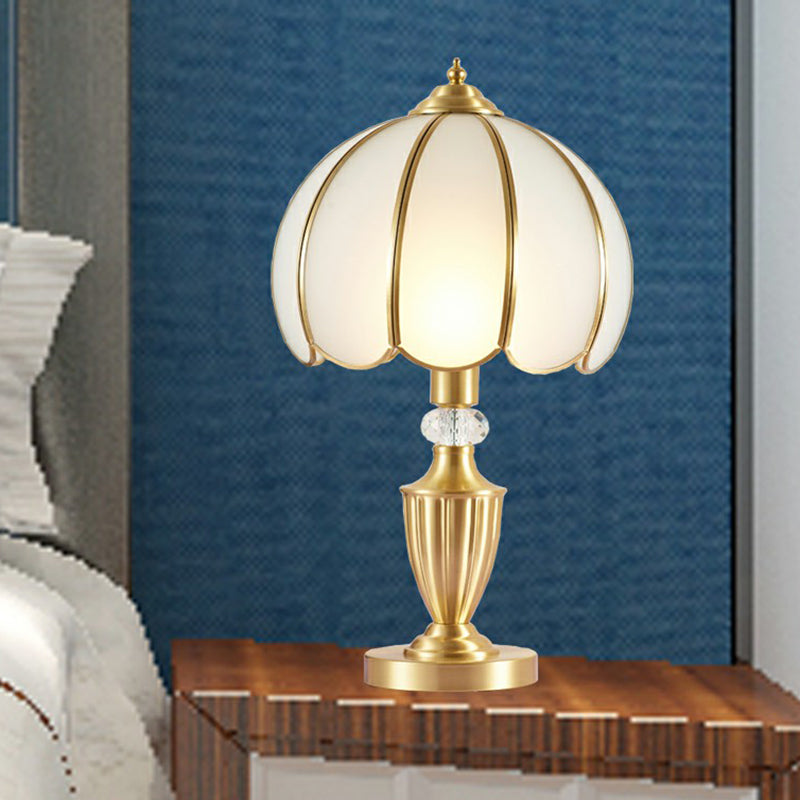 White Glass Hemispherical Table Lamp Antique Style Bedside Night Light with Scalloped Edge Gold Clearhalo 'Lamps' 'Table Lamps' Lighting' 2409240