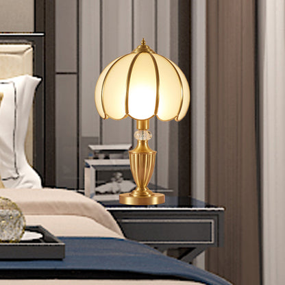 White Glass Hemispherical Table Lamp Antique Style Bedside Night Light with Scalloped Edge Brass Clearhalo 'Lamps' 'Table Lamps' Lighting' 2409241