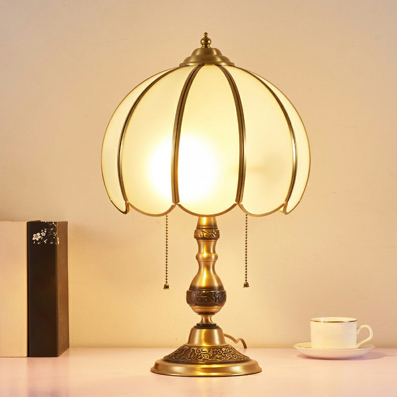 White Glass Hemispherical Table Lamp Antique Style Bedside Night Light with Scalloped Edge Gold-Black Clearhalo 'Lamps' 'Table Lamps' Lighting' 2409243