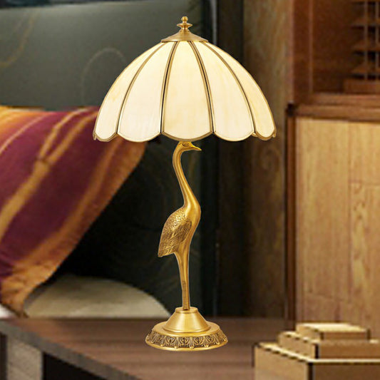 Brass 1-Head Table Light Retro Opal Glass Umbrella Shaped Nightstand Lamp with Halcyon Deco Brass Straight Clearhalo 'Lamps' 'Table Lamps' Lighting' 2409249