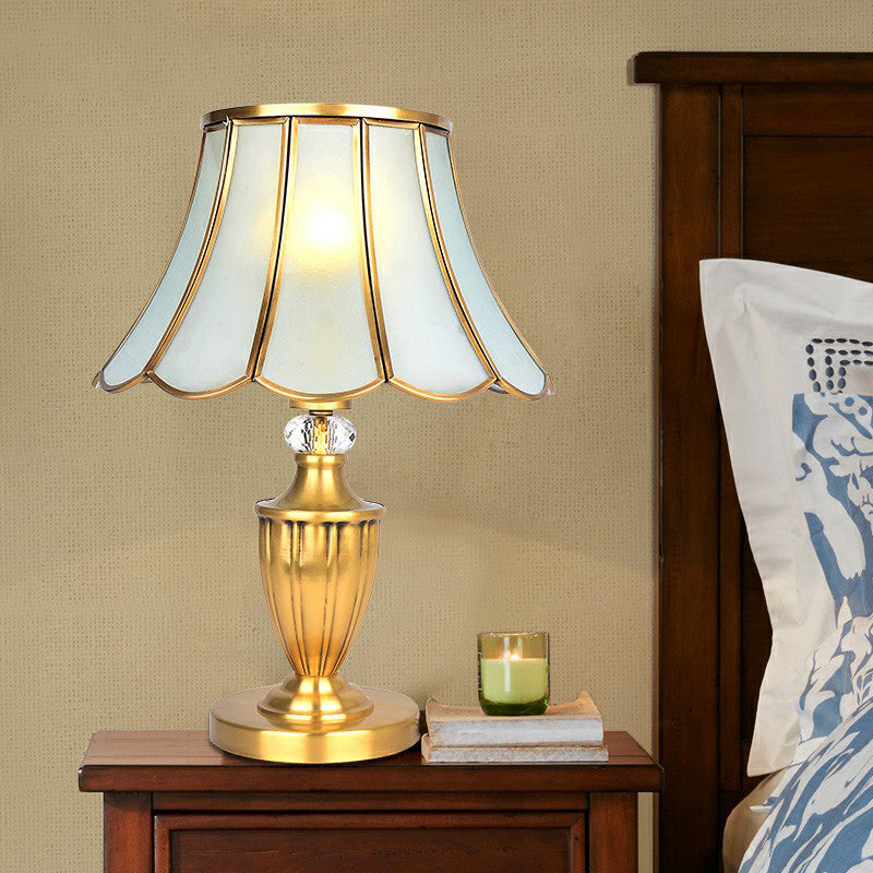 Scalloped Opaque Glass Night Stand Lamp Vintage Style Bedroom Table Light in Brass Brass Flare Clearhalo 'Lamps' 'Table Lamps' Lighting' 2409259