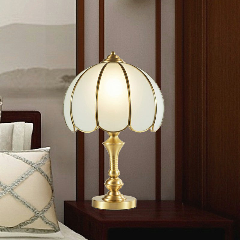 Scalloped Opaque Glass Night Stand Lamp Vintage Style Bedroom Table Light in Brass Clearhalo 'Lamps' 'Table Lamps' Lighting' 2409262