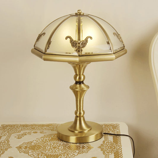 3-Bulb Frosted Glass Table Lamp Colonial Style Brass Cap Shaped Bedroom Night Light Clearhalo 'Lamps' 'Table Lamps' Lighting' 2409266