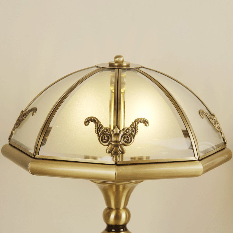 3-Bulb Frosted Glass Table Lamp Colonial Style Brass Cap Shaped Bedroom Night Light Clearhalo 'Lamps' 'Table Lamps' Lighting' 2409269