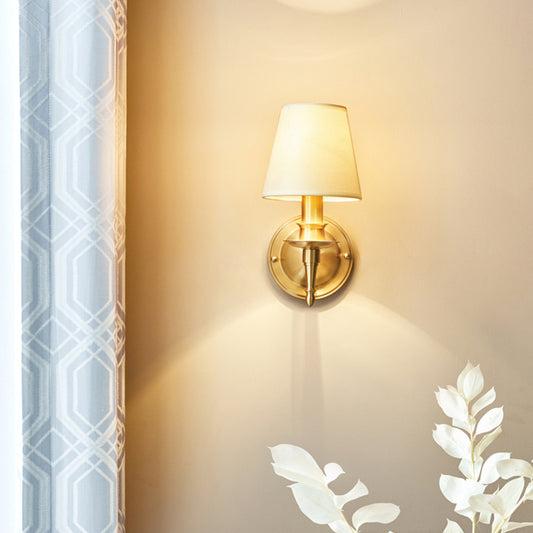 Single-Bulb Bedroom Wall Sconce Modern Gold Wall Light with Tapered Fabric Shade Gold Clearhalo 'Cast Iron' 'Glass' 'Industrial' 'Modern wall lights' 'Modern' 'Tiffany' 'Traditional wall lights' 'Wall Lamps & Sconces' 'Wall Lights' Lighting' 2409293