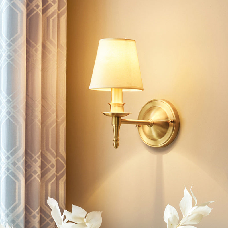 Single-Bulb Bedroom Wall Sconce Modern Gold Wall Light with Tapered Fabric Shade Clearhalo 'Cast Iron' 'Glass' 'Industrial' 'Modern wall lights' 'Modern' 'Tiffany' 'Traditional wall lights' 'Wall Lamps & Sconces' 'Wall Lights' Lighting' 2409294