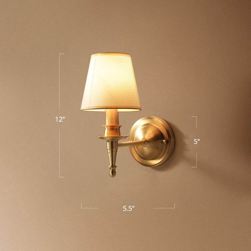 Single-Bulb Bedroom Wall Sconce Modern Gold Wall Light with Tapered Fabric Shade Clearhalo 'Cast Iron' 'Glass' 'Industrial' 'Modern wall lights' 'Modern' 'Tiffany' 'Traditional wall lights' 'Wall Lamps & Sconces' 'Wall Lights' Lighting' 2409295