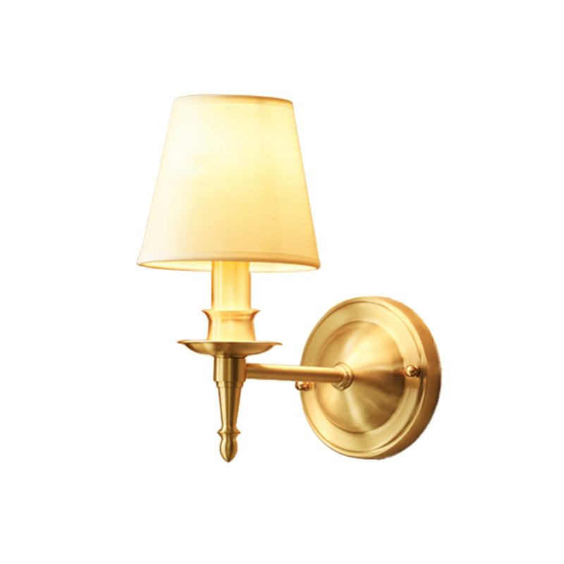 Single-Bulb Bedroom Wall Sconce Modern Gold Wall Light with Tapered Fabric Shade Clearhalo 'Cast Iron' 'Glass' 'Industrial' 'Modern wall lights' 'Modern' 'Tiffany' 'Traditional wall lights' 'Wall Lamps & Sconces' 'Wall Lights' Lighting' 2409296