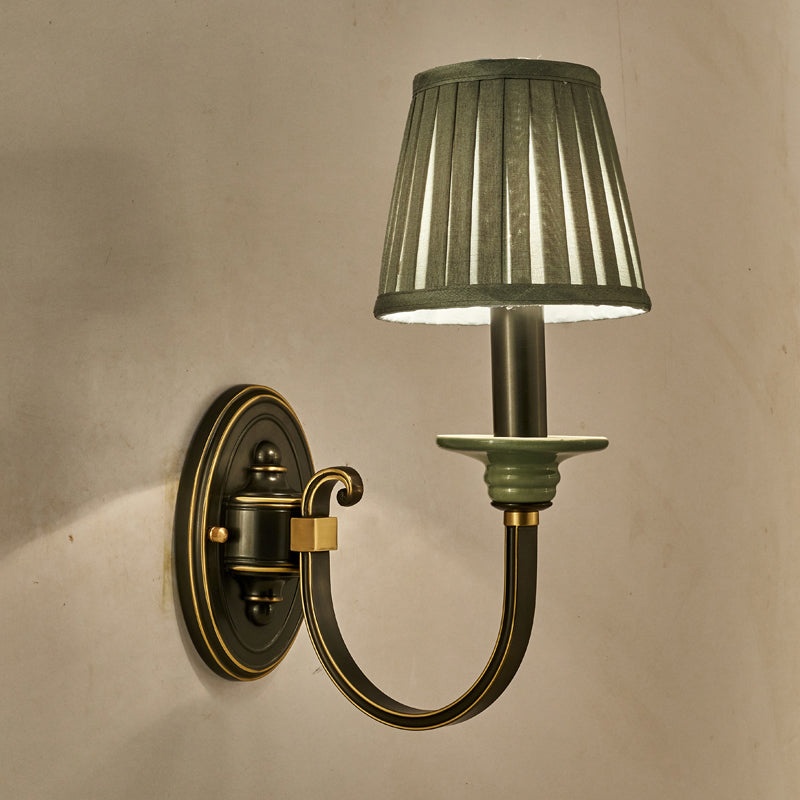 Metal Arched Wall Light Contemporary 1 Head Black Sconce with Tapered Pleated Fabric Shade Clearhalo 'Cast Iron' 'Glass' 'Industrial' 'Modern wall lights' 'Modern' 'Tiffany' 'Traditional wall lights' 'Wall Lamps & Sconces' 'Wall Lights' Lighting' 2409301