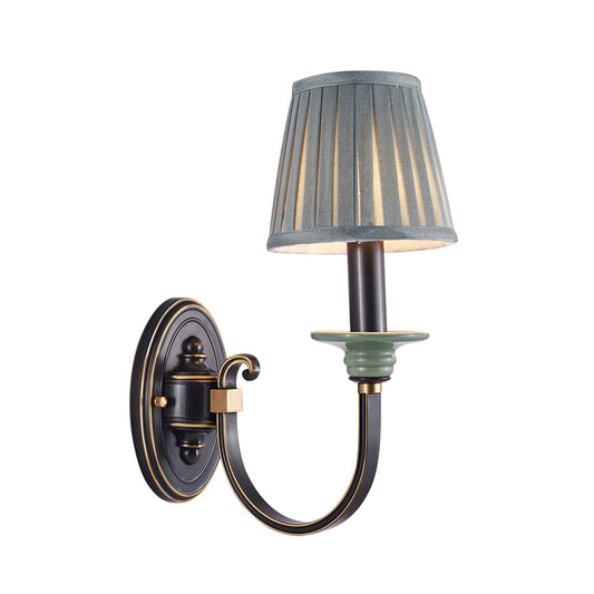 Metal Arched Wall Light Contemporary 1 Head Black Sconce with Tapered Pleated Fabric Shade 1.0 Black Clearhalo 'Cast Iron' 'Glass' 'Industrial' 'Modern wall lights' 'Modern' 'Tiffany' 'Traditional wall lights' 'Wall Lamps & Sconces' 'Wall Lights' Lighting' 2409303