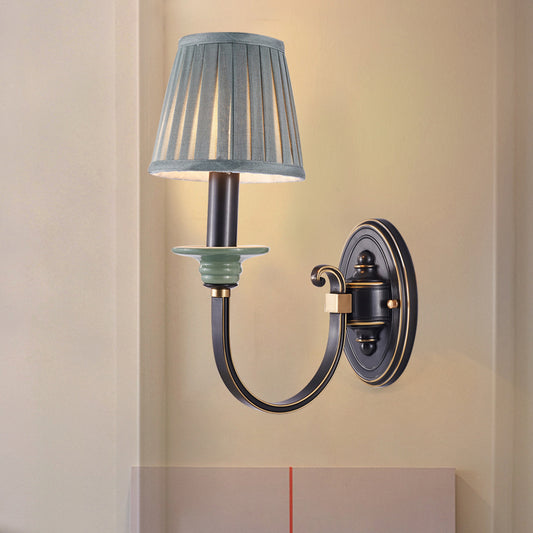 Metal Arched Wall Light Contemporary 1 Head Black Sconce with Tapered Pleated Fabric Shade Clearhalo 'Cast Iron' 'Glass' 'Industrial' 'Modern wall lights' 'Modern' 'Tiffany' 'Traditional wall lights' 'Wall Lamps & Sconces' 'Wall Lights' Lighting' 2409304