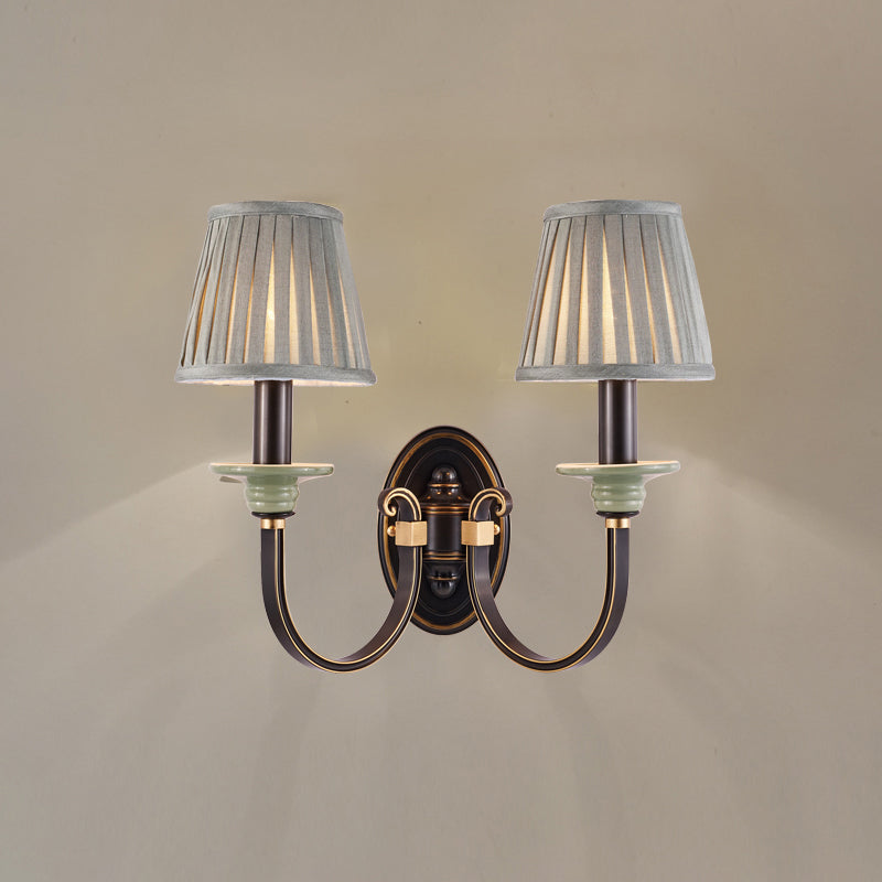 Metal Arched Wall Light Contemporary 1 Head Black Sconce with Tapered Pleated Fabric Shade Clearhalo 'Cast Iron' 'Glass' 'Industrial' 'Modern wall lights' 'Modern' 'Tiffany' 'Traditional wall lights' 'Wall Lamps & Sconces' 'Wall Lights' Lighting' 2409305