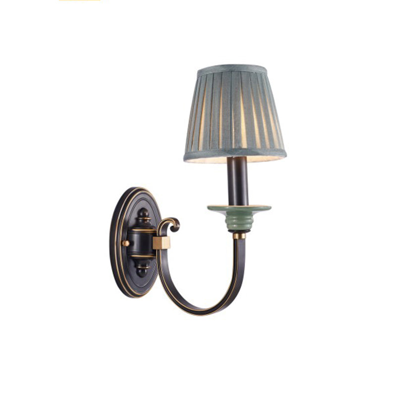 Metal Arched Wall Light Contemporary 1 Head Black Sconce with Tapered Pleated Fabric Shade Clearhalo 'Cast Iron' 'Glass' 'Industrial' 'Modern wall lights' 'Modern' 'Tiffany' 'Traditional wall lights' 'Wall Lamps & Sconces' 'Wall Lights' Lighting' 2409306