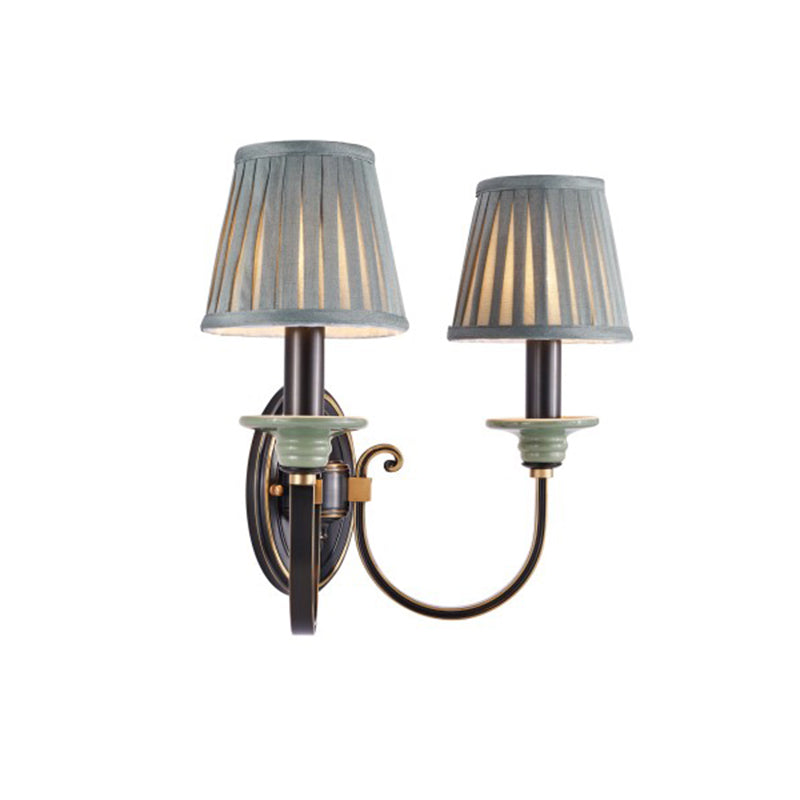 Metal Arched Wall Light Contemporary 1 Head Black Sconce with Tapered Pleated Fabric Shade Clearhalo 'Cast Iron' 'Glass' 'Industrial' 'Modern wall lights' 'Modern' 'Tiffany' 'Traditional wall lights' 'Wall Lamps & Sconces' 'Wall Lights' Lighting' 2409307