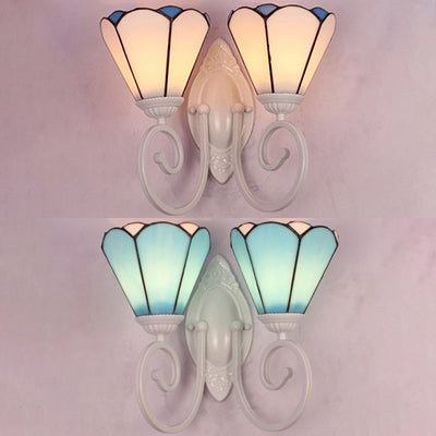 White Finish Cone Wall Mount Light Stained Glass 2 Lights Modern Tiffany Wall Lamp in White/Blue Clearhalo 'Industrial' 'Middle century wall lights' 'Tiffany wall lights' 'Tiffany' 'Wall Lamps & Sconces' 'Wall Lights' Lighting' 24121
