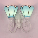 White Finish Cone Wall Mount Light Stained Glass 2 Lights Modern Tiffany Wall Lamp in White/Blue Blue Clearhalo 'Industrial' 'Middle century wall lights' 'Tiffany wall lights' 'Tiffany' 'Wall Lamps & Sconces' 'Wall Lights' Lighting' 24122