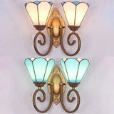 Stained Glass Conical Sconce Light Vintage 2 Lights Wall Mount Light in White/Blue for Bedroom Clearhalo 'Industrial' 'Middle century wall lights' 'Tiffany wall lights' 'Tiffany' 'Wall Lamps & Sconces' 'Wall Lights' Lighting' 24124
