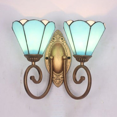 Stained Glass Conical Sconce Light Vintage 2 Lights Wall Mount Light in White/Blue for Bedroom Blue Clearhalo 'Industrial' 'Middle century wall lights' 'Tiffany wall lights' 'Tiffany' 'Wall Lamps & Sconces' 'Wall Lights' Lighting' 24125