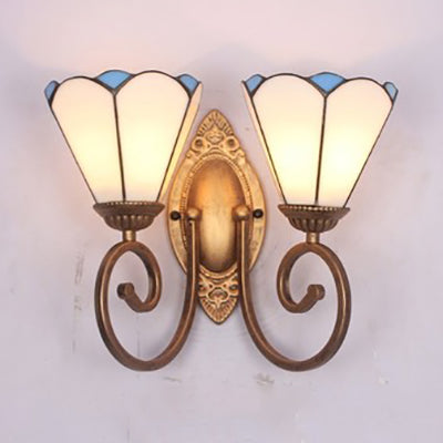 Stained Glass Conical Sconce Light Vintage 2 Lights Wall Mount Light in White/Blue for Bedroom White Clearhalo 'Industrial' 'Middle century wall lights' 'Tiffany wall lights' 'Tiffany' 'Wall Lamps & Sconces' 'Wall Lights' Lighting' 24126